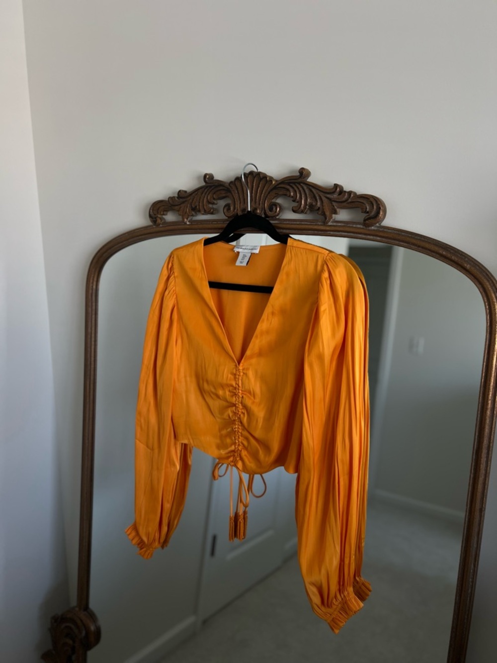 Orange V-Neck Ruched Cropped Blouse